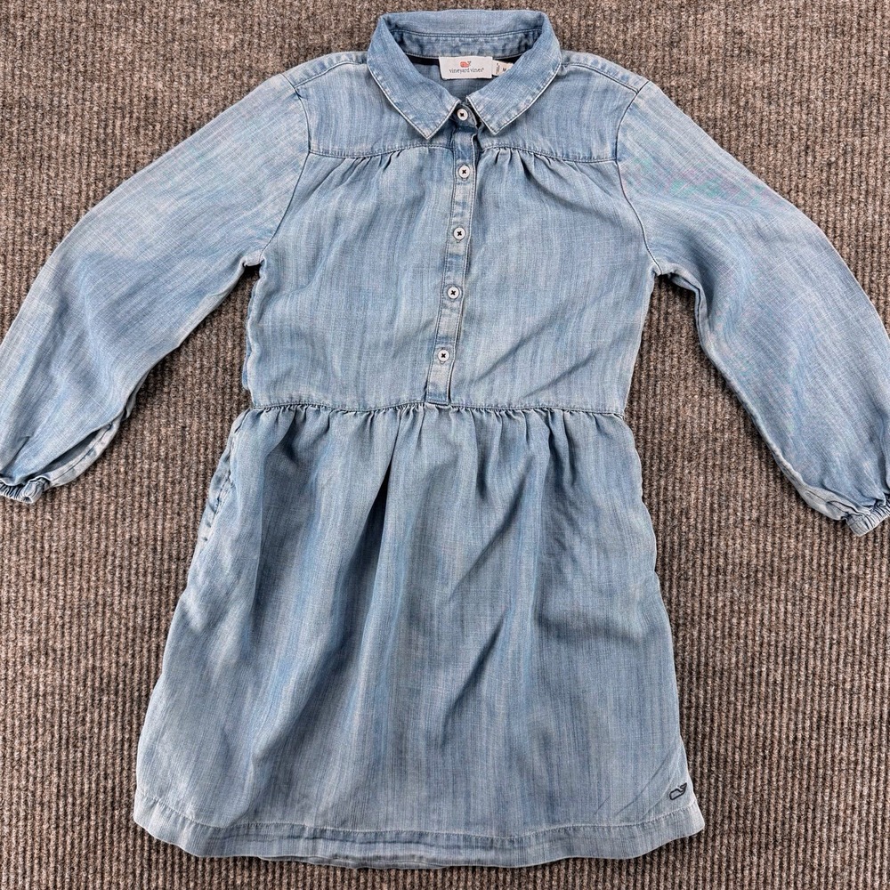 Girls Tencel Chambray Shirt Dress Blue Long Sleeve Preppy M 10 12 Vineyard Vines